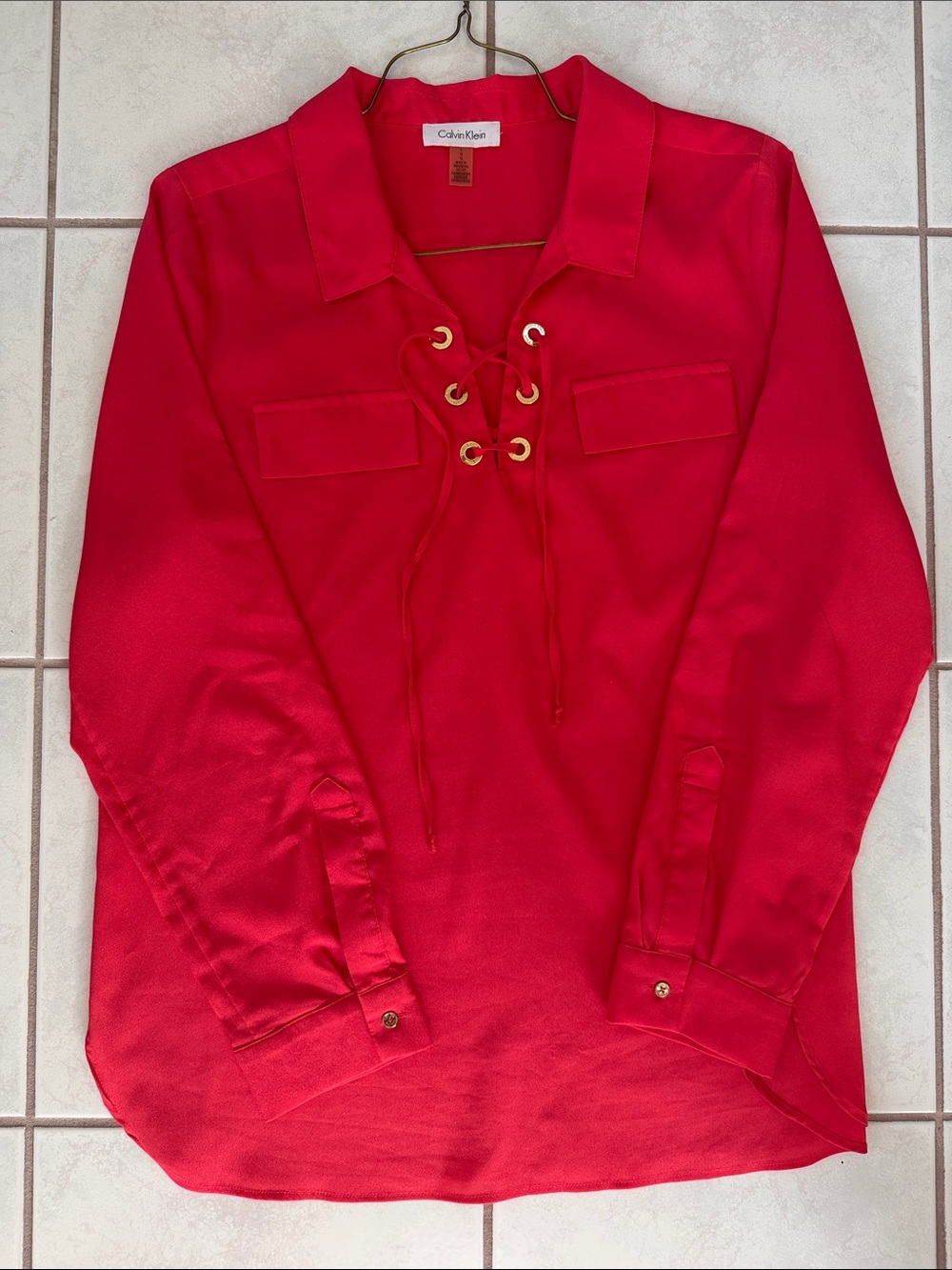 Calvin Klein Pink-Red Lace-Up Popover Tunic. Size Large. EUC